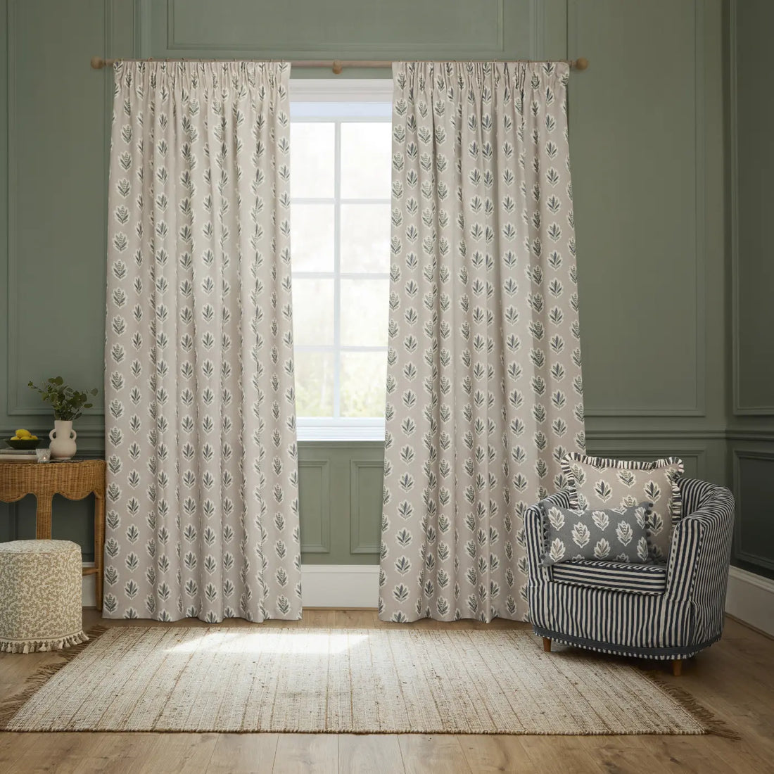Sessile Leaf Flax Pencil Pleat Curtains