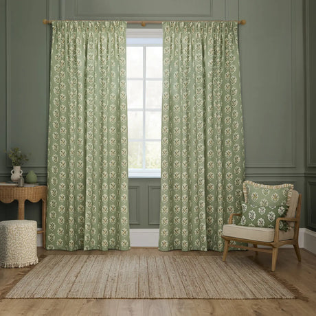 Sessile Leaf Tape Top Pencil Pleat Curtains - Sage