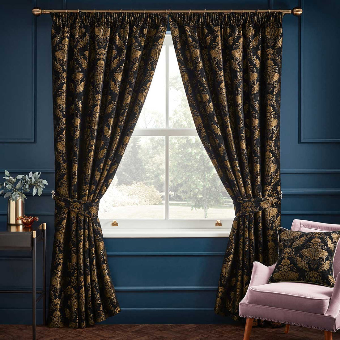 Shiraz Lined Black Thermal Dimout Pencil Pleat Curtains Room Darkening