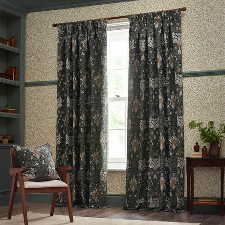 Snakeshead Tape Top Pencil Pleat Curtains - Indigo / Leaf