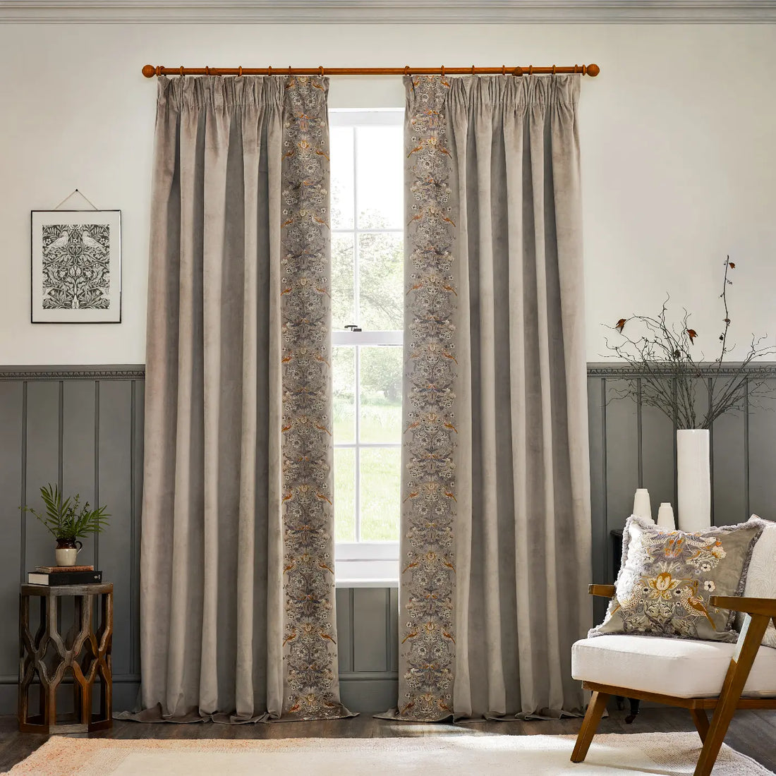 Strawberry Thief Embroidery Biscuit Velvet Thermal Blackout Dimout Pencil Pleat Curtains