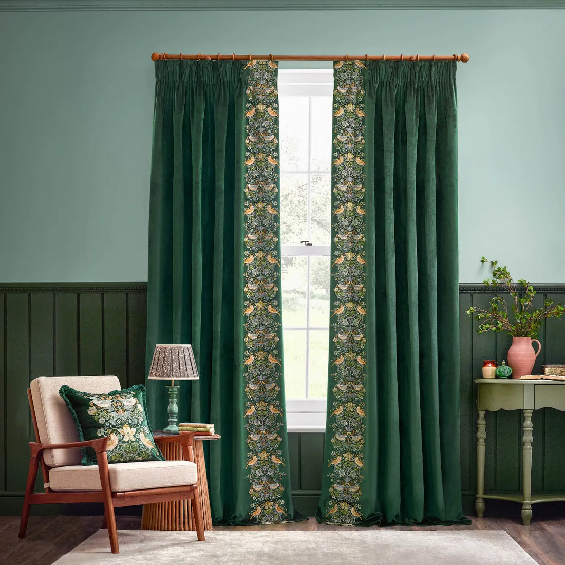 Strawberry Thief Embroidery Forest Green Velvet Thermal Blackout Dimout Pencil Pleat Curtains