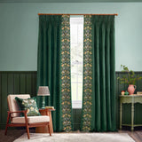 Strawberry Thief Embroidery Tape Top Pencil Pleat Curtains - Forest Green