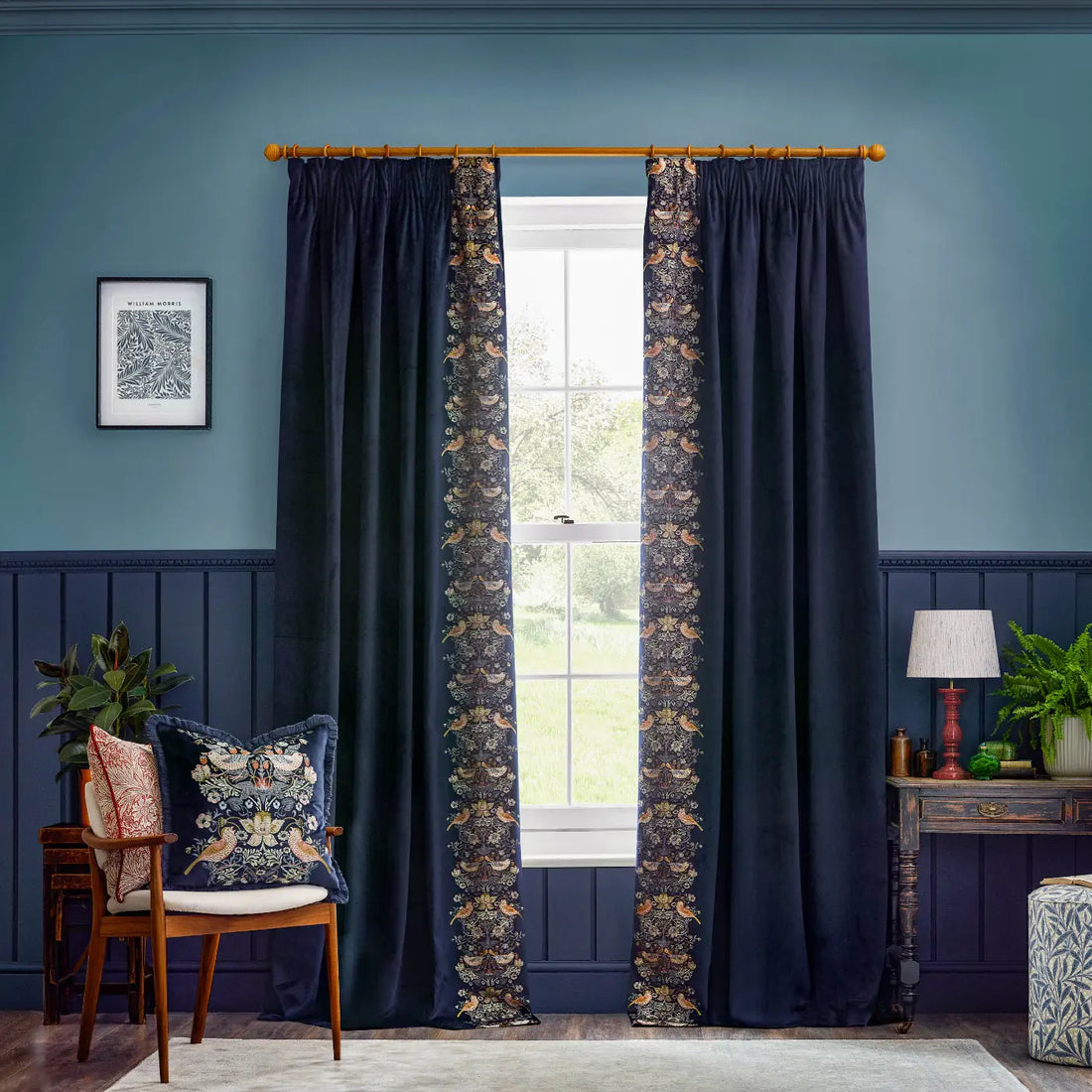 Strawberry Thief Embroidery Indigo Velvet Thermal Blackout Dimout Pencil Pleat Curtains