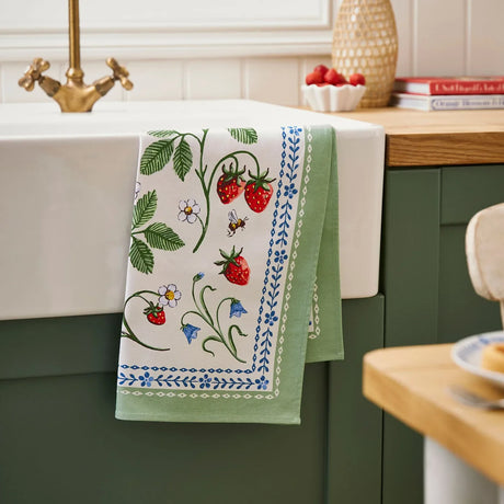 Strawberry Patch Cotton Tea Towel in Green