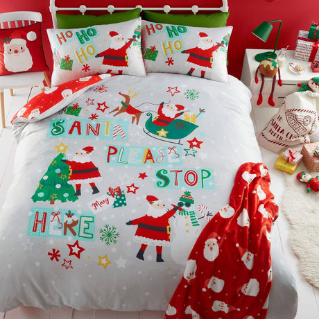 Santa Please Stop Here Christmas Microfibre Duvet Cover Set - Santa Please Stop Here Christmas Duvet Cover Set In Grey 5