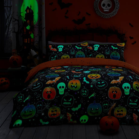 Scary Pumpkins Halloween Microfibre Duvet Cover Set - Scary Pumpkins Halloween Duvet Cover Set In Black 2