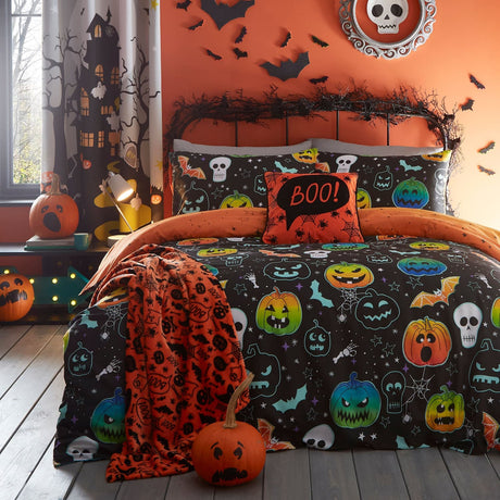 Scary Pumpkins Halloween Microfibre Duvet Cover Set - Scary Pumpkins Halloween Duvet Cover Set In Black 4