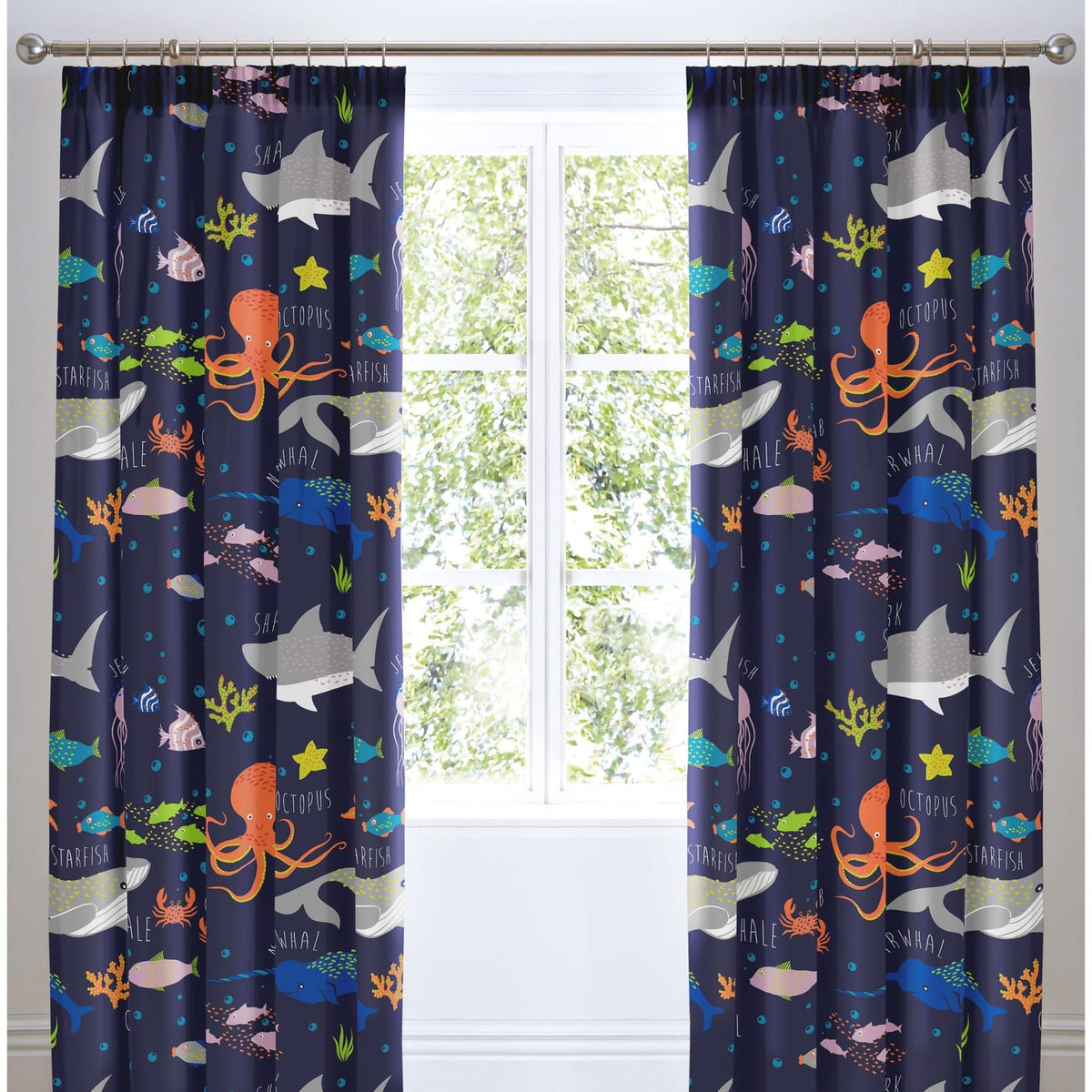 Sea Life Kids Pencil Pleat Curtains Light Filtering Polycotton