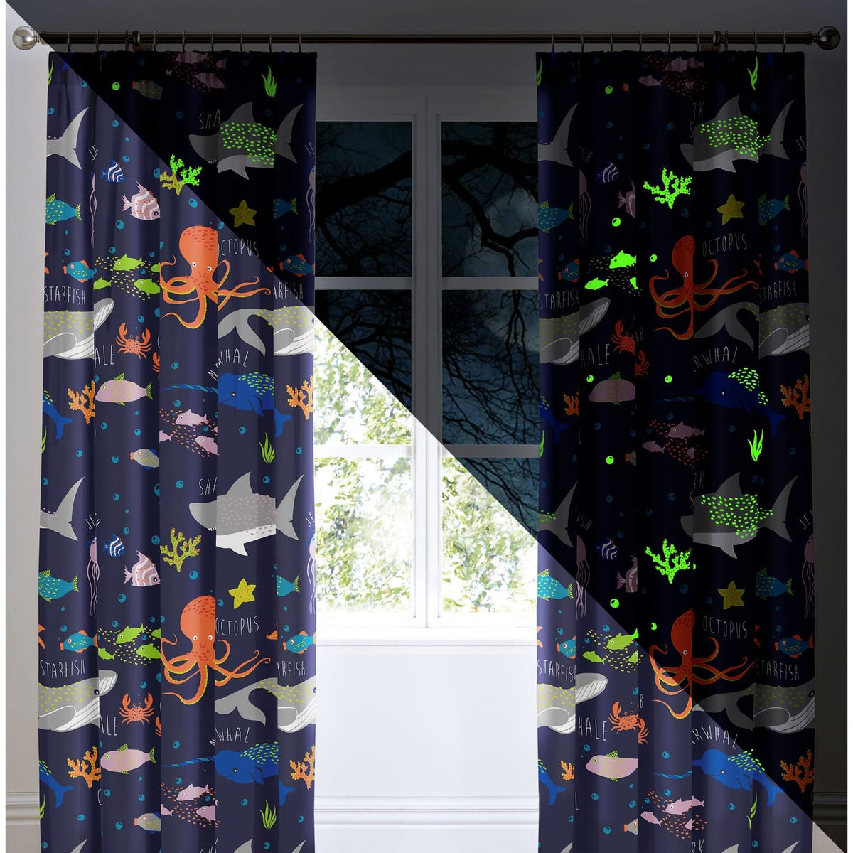 Sea Life Kids Pencil Pleat Curtains Light Filtering Polycotton - Sea Life Pencil Pleat Curtains In Multicolour 2