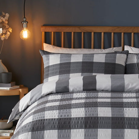 Seersucker Gingham Easy Care Polycotton Duvet Cover Set - Seersucker Gingham Check Duvet Cover Set In Charcoal 2