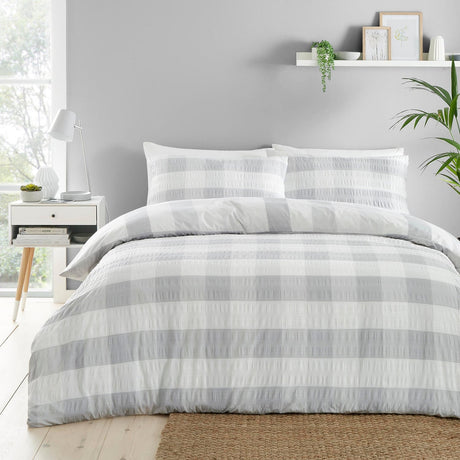 Seersucker Gingham Easy Care Polycotton Duvet Cover Set - Seersucker Gingham Duvet Cover Set In Silver 1