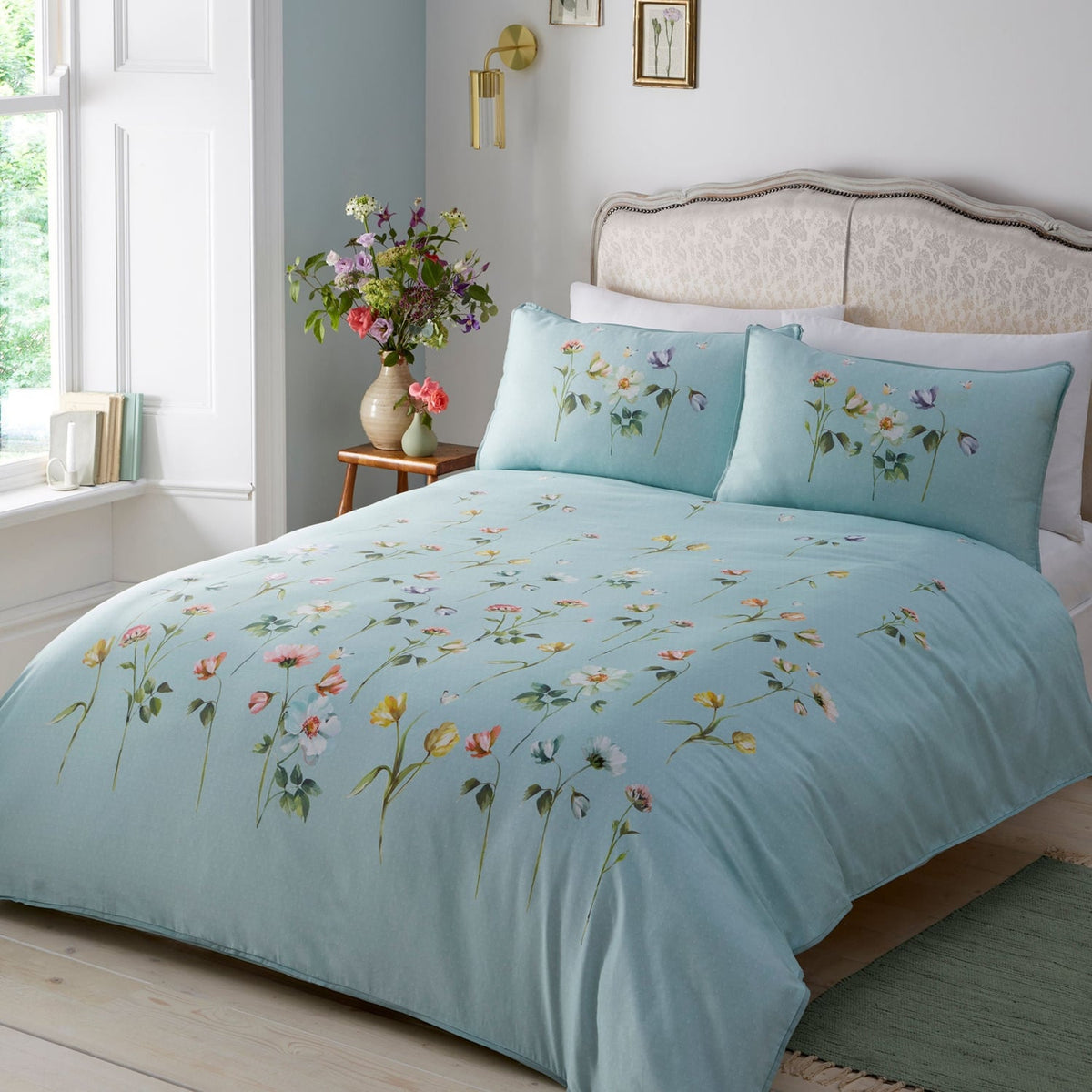 Serenity Floral Duck Egg Cotton Sateen Duvet Cover Set