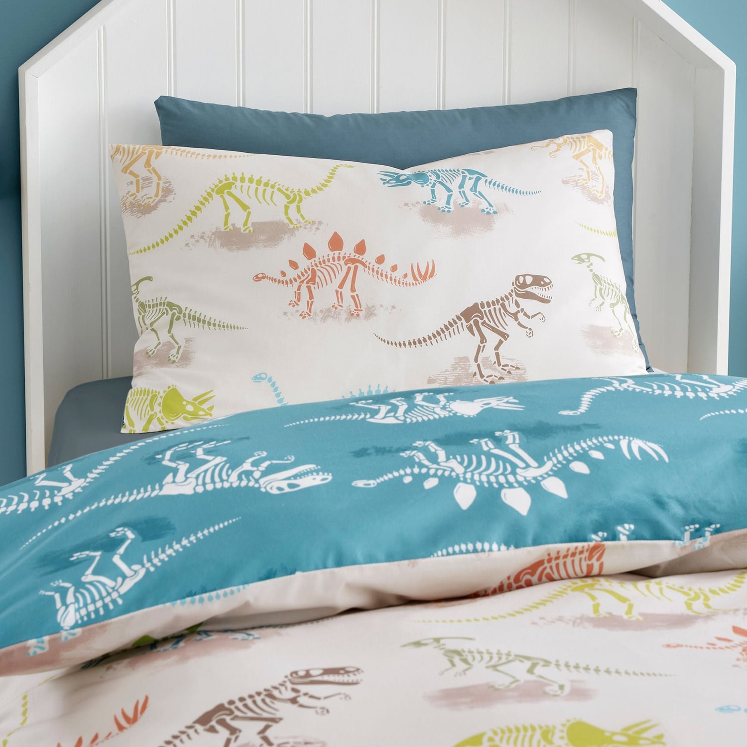 Skeleton Dino Kids Dinosaur Print Polycotton Duvet Cover Set - Skeleton Dino Duvet Cover Set In Natural 2
