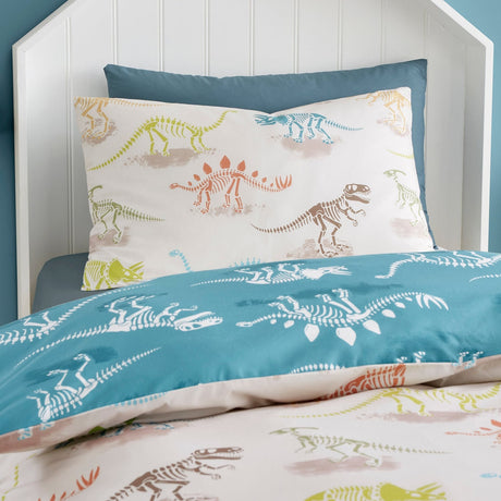 Skeleton Dino Kids Dinosaur Print Polycotton Duvet Cover Set - Skeleton Dino Duvet Cover Set In Natural 2
