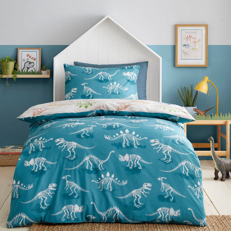 Skeleton Dino Kids Dinosaur Print Polycotton Duvet Cover Set - Skeleton Dino Duvet Cover Set In Natural 4