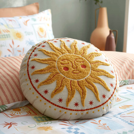 Soleil Embroidered Sun Yellow Cotton Round Filled Cushion