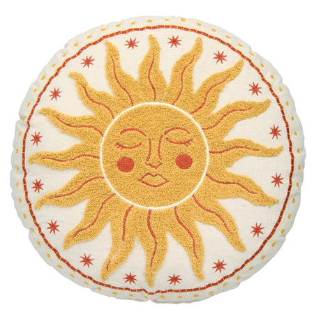 Soleil Embroidered Sun Yellow Cotton Round Filled Cushion - Soleil Round Cushion In Yellow 2
