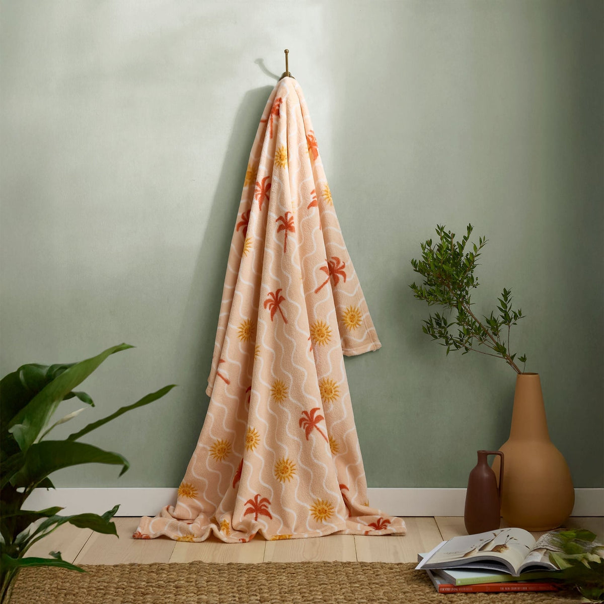 Soleil Mediterranean Print Recycled Polyester Throw 120cm x 150cm - Coral/Camel