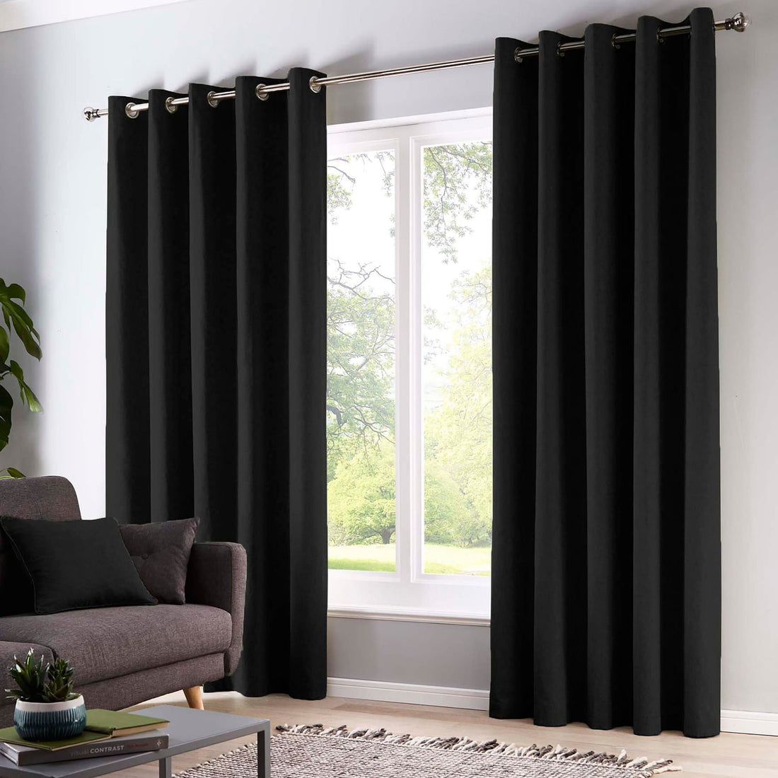 Sorbonne Lined Black 100% Cotton Eyelet Curtains