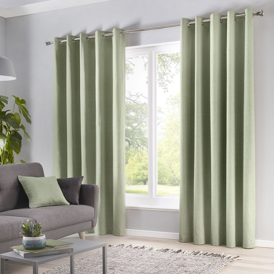 Sorbonne Lined Green 100% Cotton Eyelet Curtains