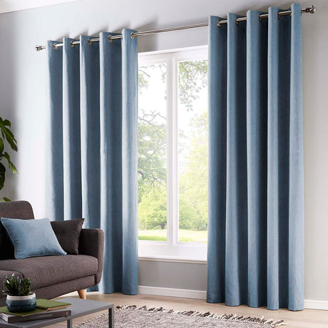 Sorbonne Cotton Lined Eyelet Curtains - Light Blue Light Filtering Printed