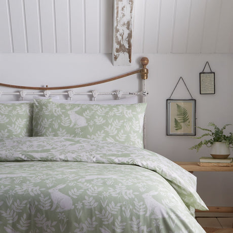 Spring Rabbits Floral Green Polycotton Duvet Cover Set - Spring Rabbits Duvet Cover Set In Green 2