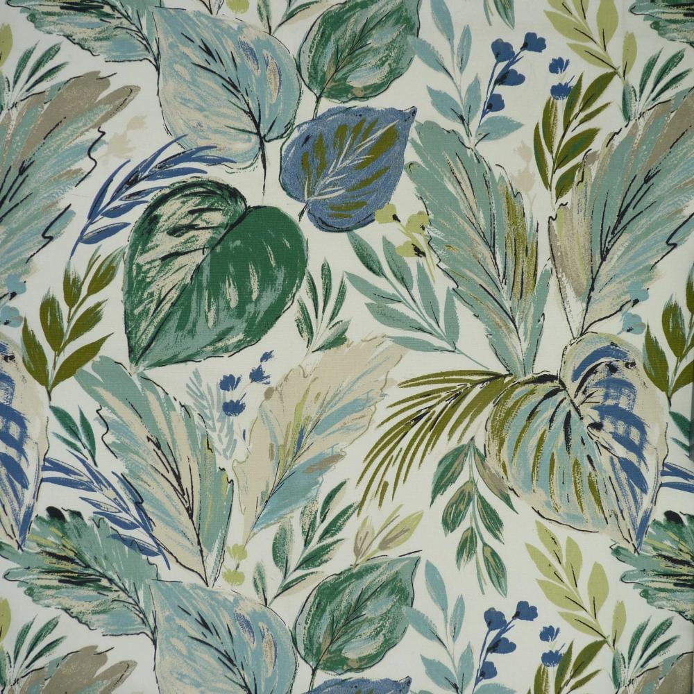 Patterned fabric with green and blue leaves on a beige background