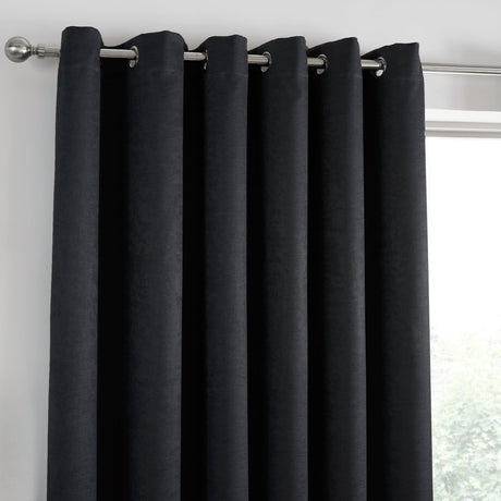 Strata Thermal Dim Out Woven Eyelet Curtains - Black Light Filtering - Strata Eyelet Curtains In Black 2