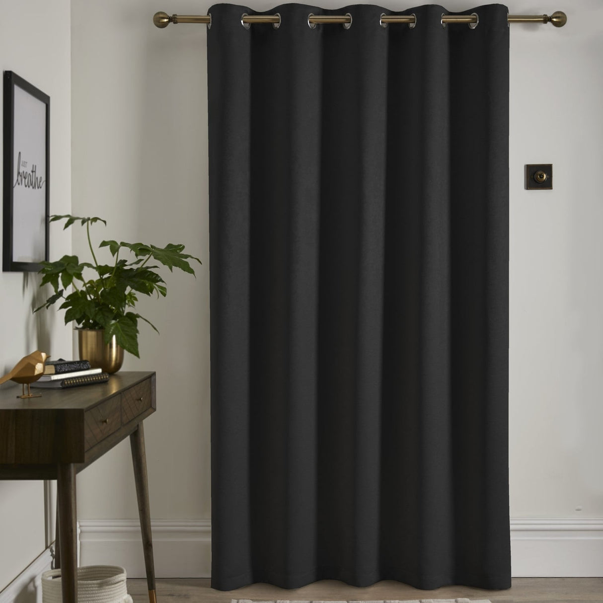 Strata Woven Thermal Door Curtain 66 x 84 Inch - Black Dimout Light Filtering - Strata Eyelet Single Panel Door Curtain In Black 3