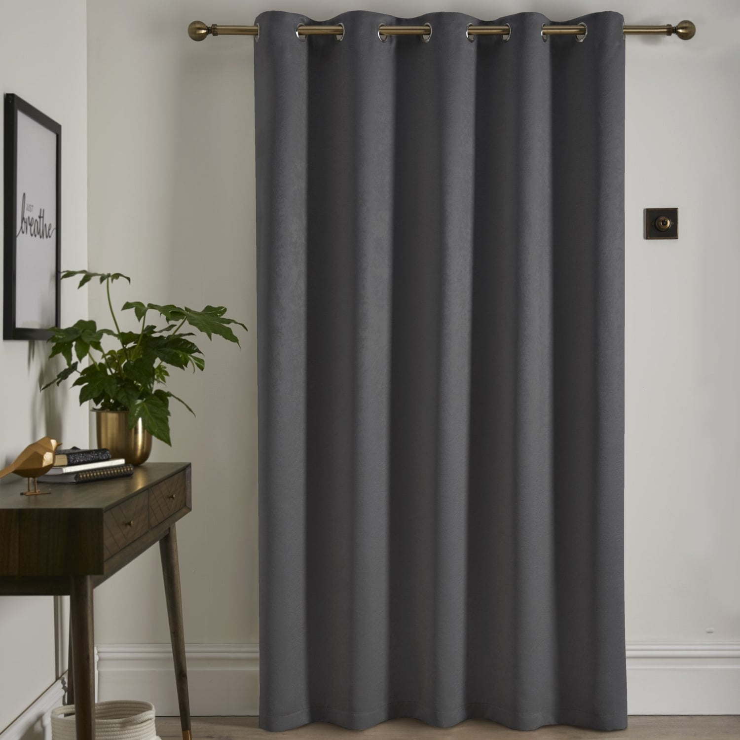 Strata Woven Thermal Door Curtain 66 x 84 Inch - Charcoal Dimout Light Filtering - Strata Eyelet Single Panel Door Curtain In Charcoal 3