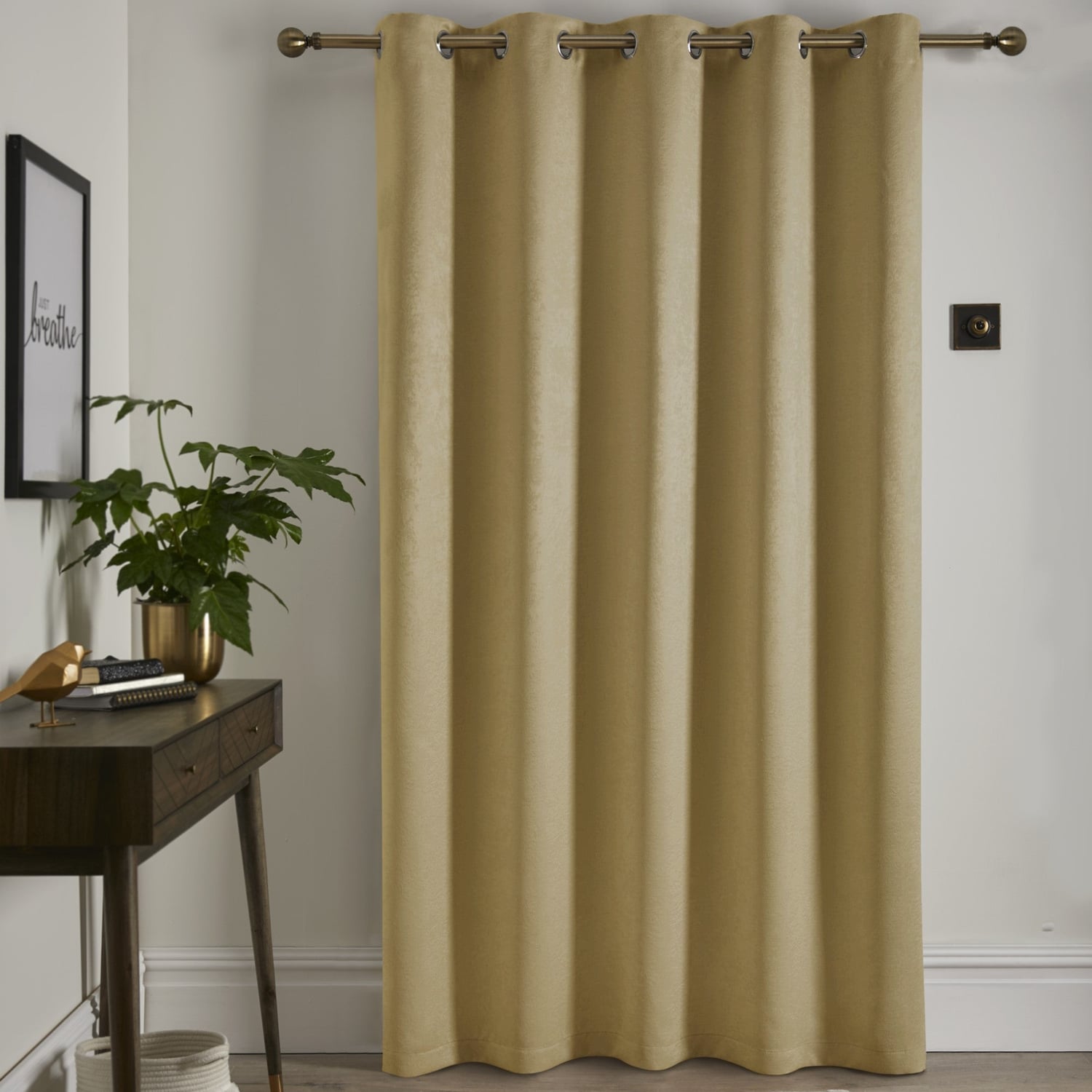 Strata Woven Thermal Door Curtain 66 x 84 Inch - Ochre Dimout Light Filtering - Strata Eyelet Single Panel Door Curtain In Ochre 3