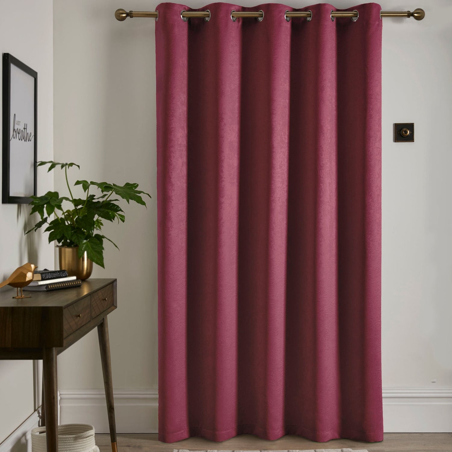 Strata Woven Thermal Door Curtain 66 x 84 Inch - Wine Dimout Light Filtering - Strata Eyelet Single Panel Door Curtain In Wine 2