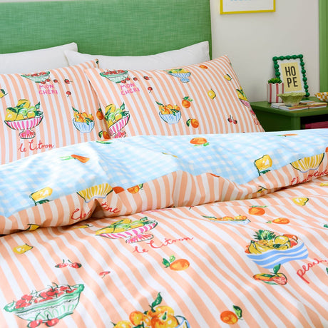 Summer Fruits Fruit & Stripe Print Polycotton Duvet Cover Set - Summer Fruits Duvet Cover Set In Multi 2
