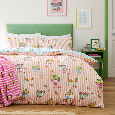 Summer Fruits Fruit & Stripe Print Polycotton Duvet Cover Set - Summer Fruits Duvet Cover Set In Multi 5