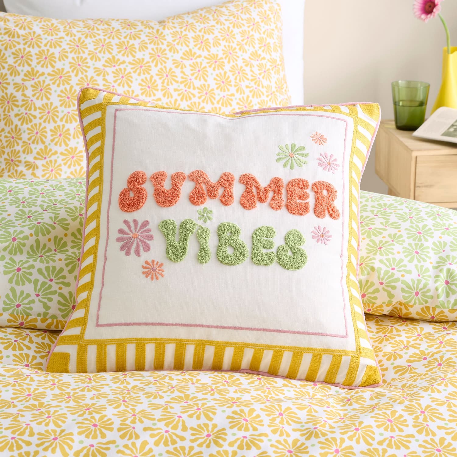 Summer Vibes Embroidered Cotton Filled Cushion