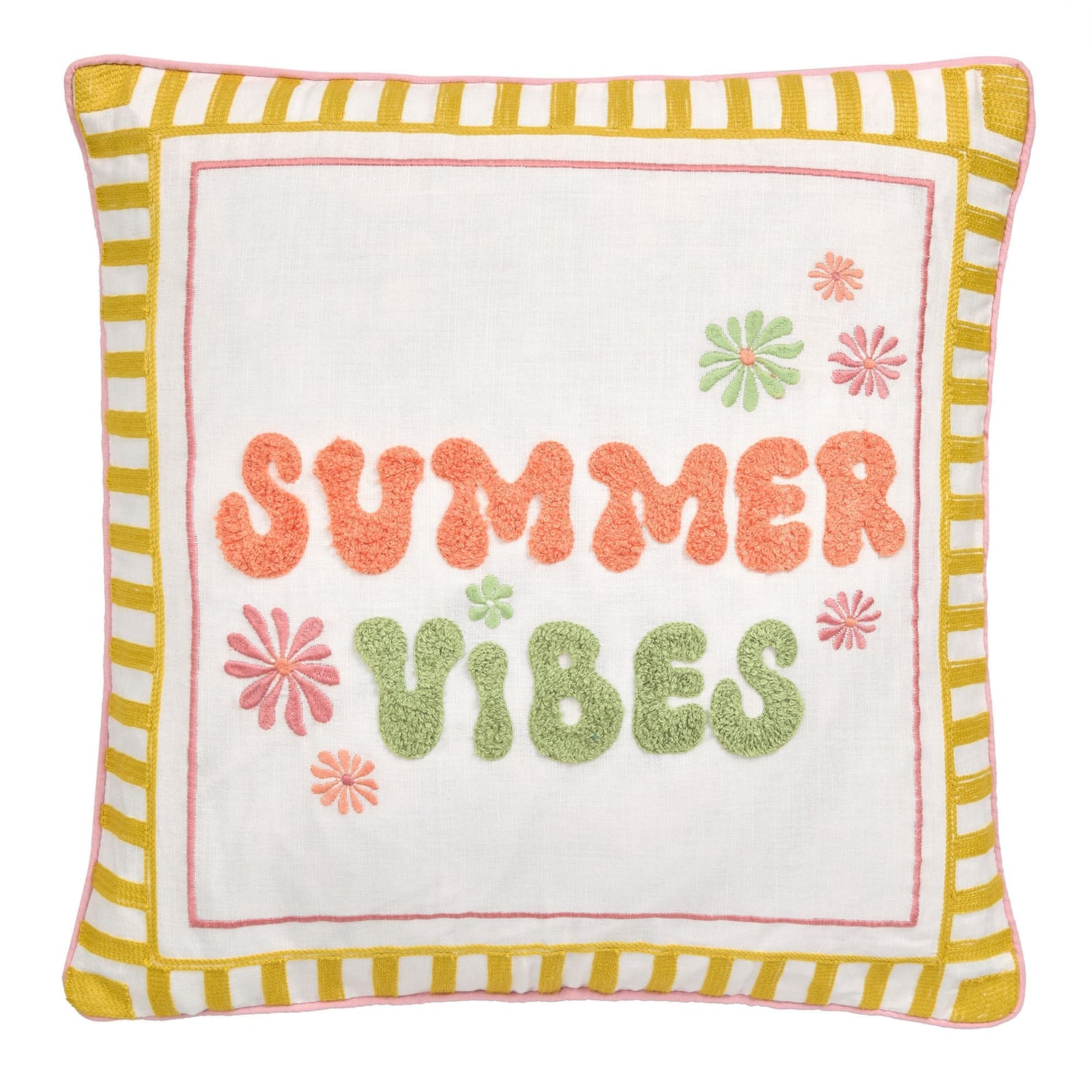 Summer Vibes Embroidered Cotton Filled Cushion - Summer Vibes Slogan Cushion In Multi 43 X 43Cm 2