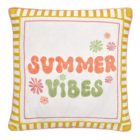 Summer Vibes Embroidered Cotton Filled Cushion - Summer Vibes Slogan Cushion In Multi 43 X 43Cm 2