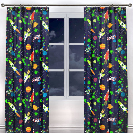 Supersonic Kids Tape Top Curtains Light Filtering Polycotton - Supersonic Pencil Pleat Curtains In Blue 3