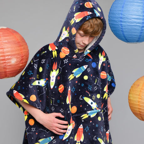 Supersonic Sherpa Fleece Poncho Kids Cosy Wearable Blanket - Supersonic Poncho In Blue 75 X 92.5Cm 2