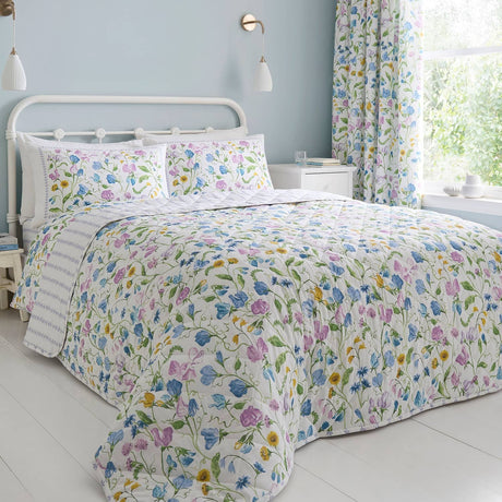 Sweetpea Floral Lilac 100% Cotton Bedspread 230cm x 195cm