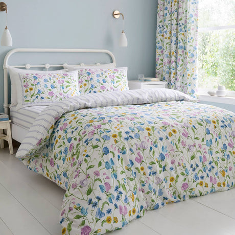 Sweetpea Floral 100% Cotton Lilac Duvet Cover Set - Sweetpea Floral Duvet Cover Set In Lilac 2