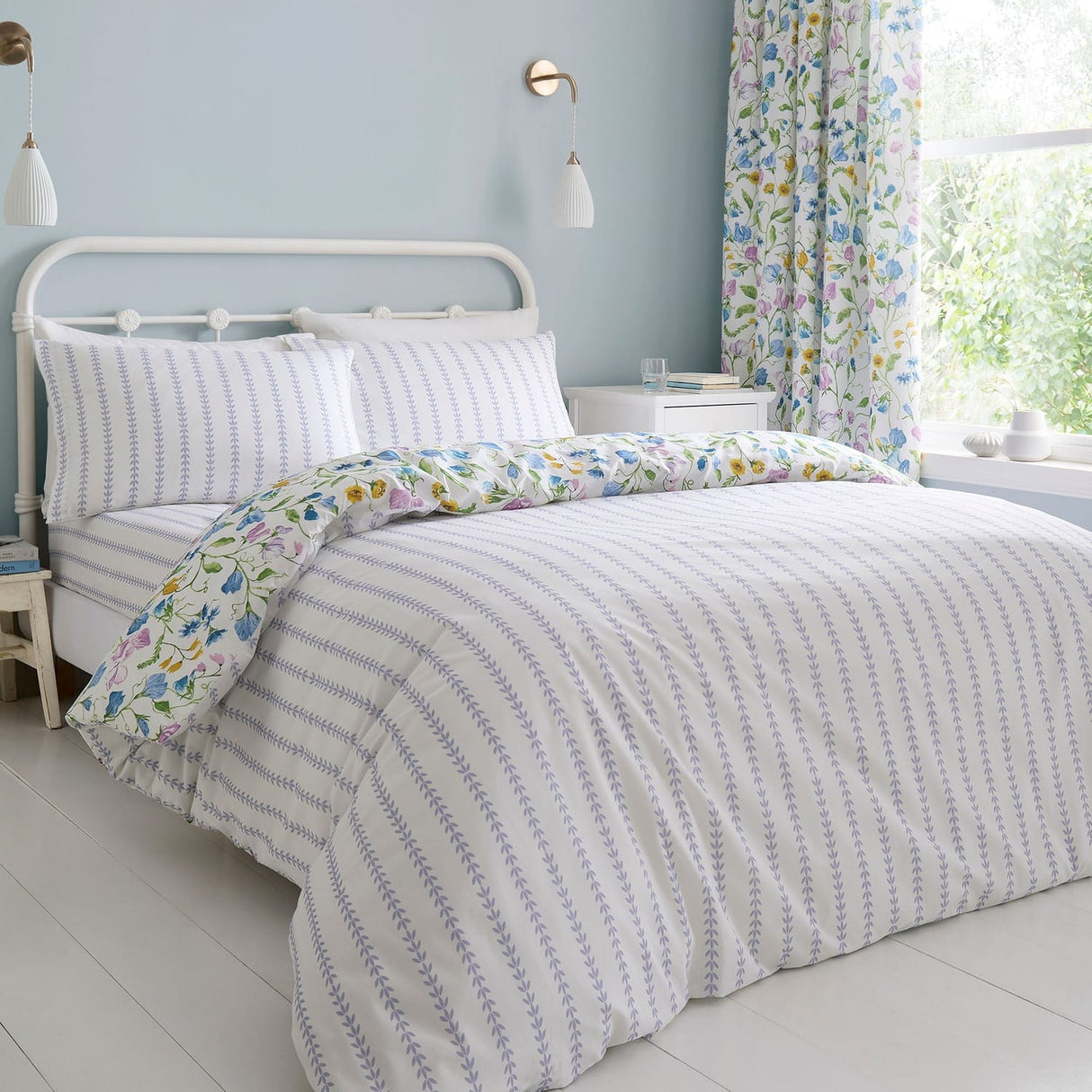 Sweetpea Floral 100% Cotton Lilac 28cm Deep Fitted Sheet - Sweetpea Floral Duvet Cover Set In Lilac 5