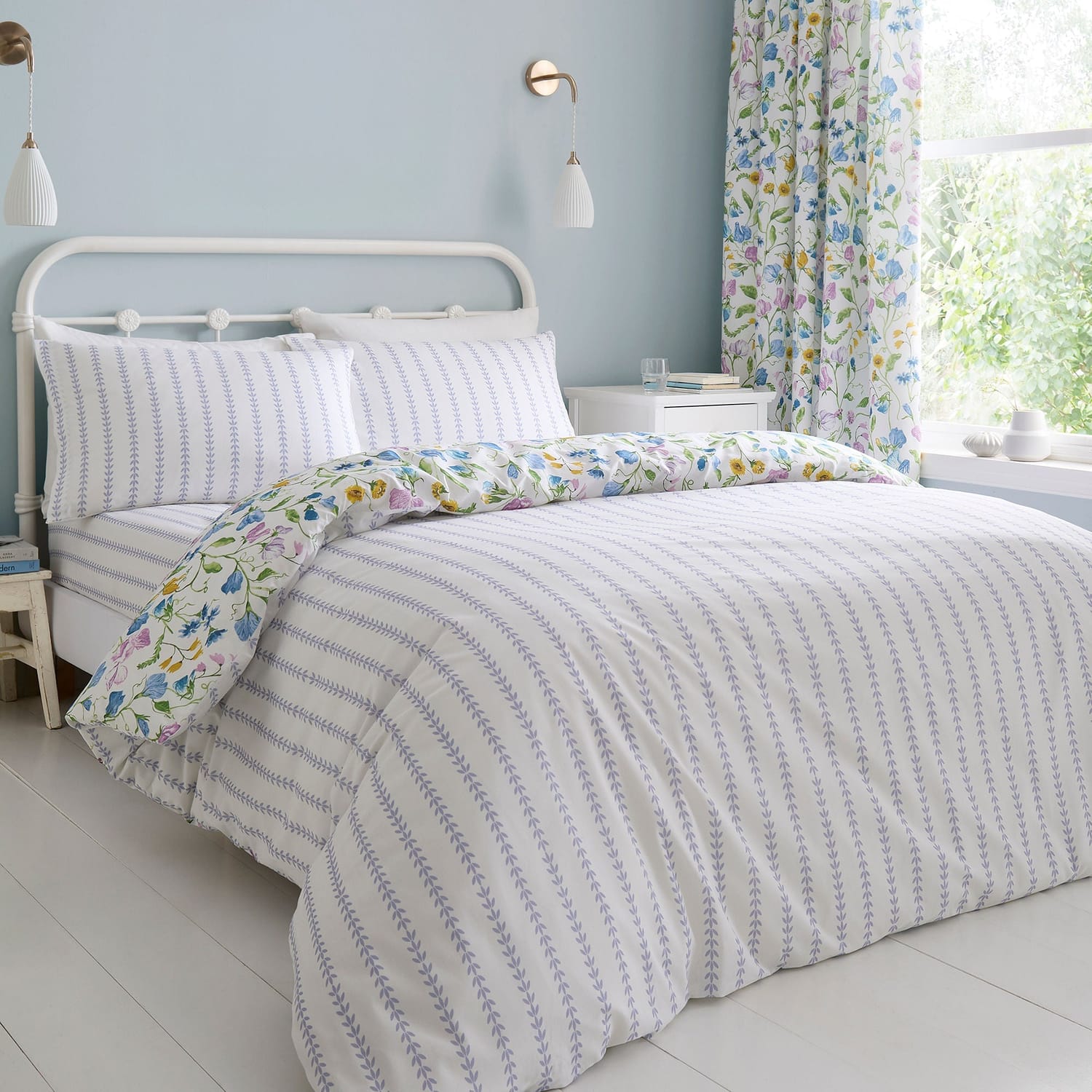 Sweetpea Floral 100% Cotton Lilac 28cm Deep Fitted Sheet - Sweetpea Floral Duvet Cover Set In Lilac 5