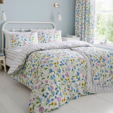 Sweetpea Floral Lilac 100% Cotton Pencil Pleat Curtains 66" x 72" Light Filtering