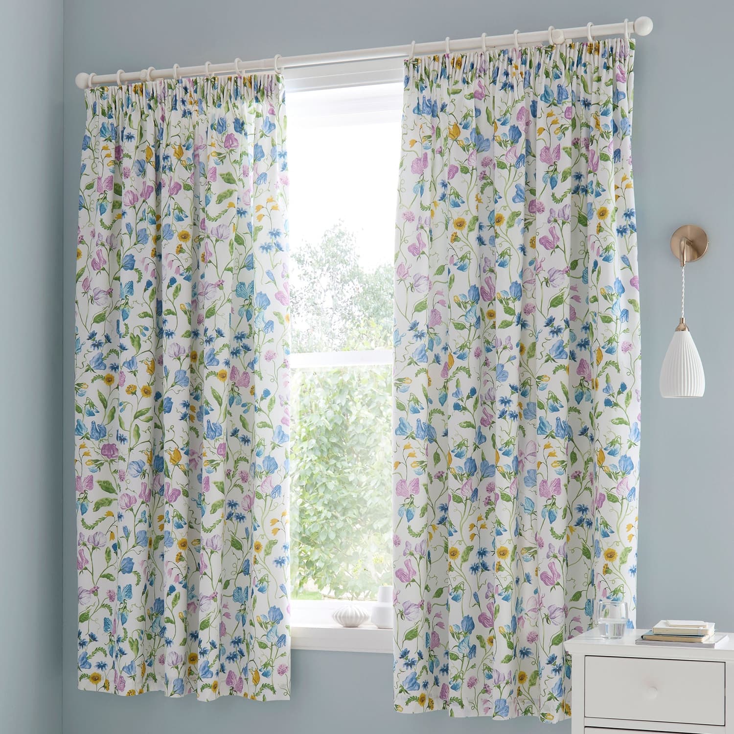 Sweetpea Floral Lilac 100% Cotton Pencil Pleat Curtains 66" x 72" Light Filtering - Sweetpea Floral Pair Of Pencil Pleat Curtains In Lilac 2