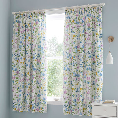 Sweetpea Floral Lilac 100% Cotton Pencil Pleat Curtains 66" x 72" Light Filtering - Sweetpea Floral Pair Of Pencil Pleat Curtains In Lilac 2