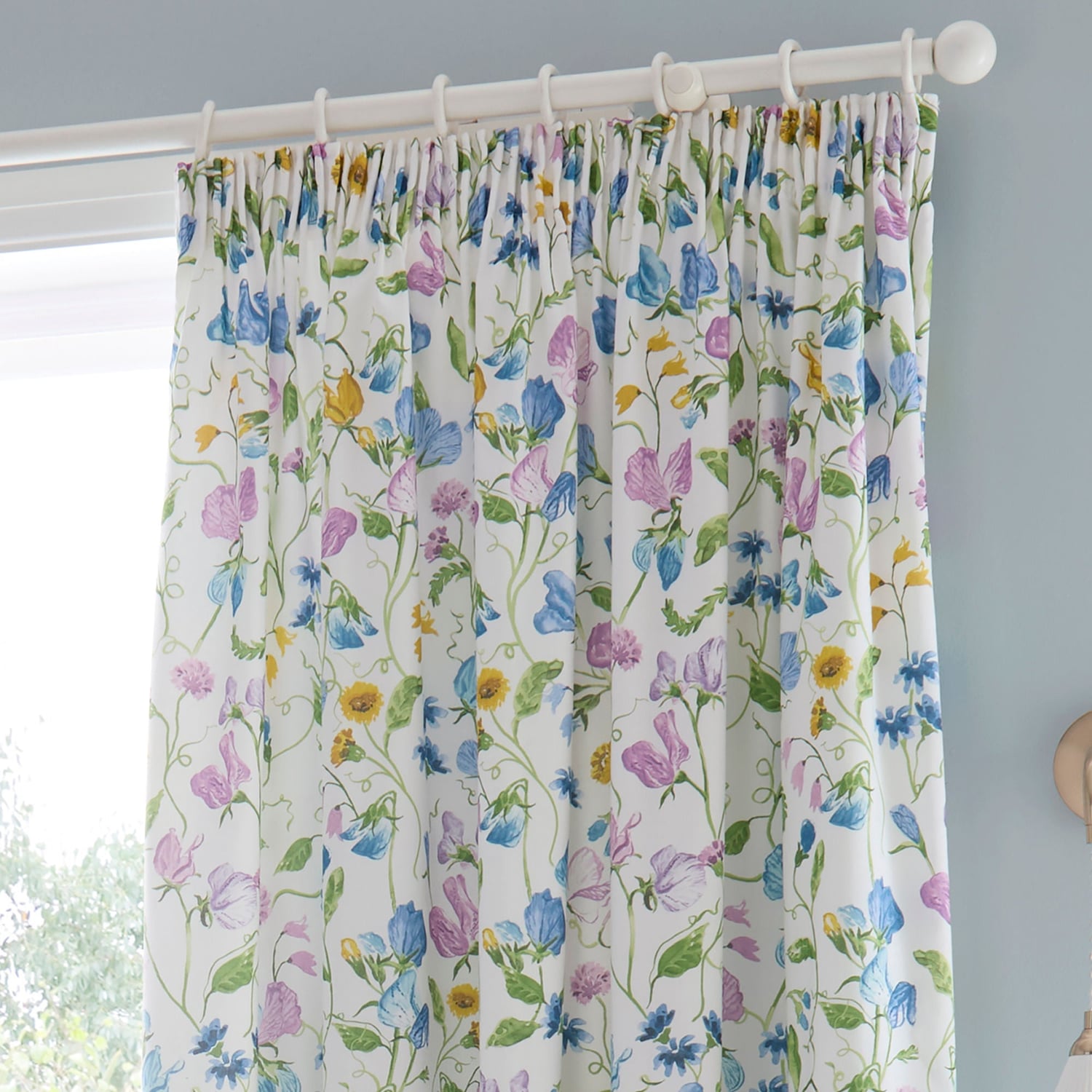 Sweetpea Floral Lilac 100% Cotton Pencil Pleat Curtains 66" x 72" Light Filtering - Sweetpea Floral Pair Of Pencil Pleat Curtains In Lilac 3