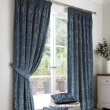 Trinity Jacquard Velvet Pencil Pleat Curtains - Blue Thermal Light Filtering