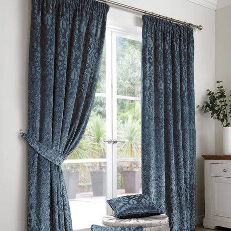 Trinity Jacquard Velvet Pencil Pleat Curtains - Blue Thermal Light Filtering